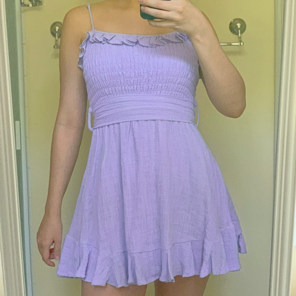 sweet lavender smocked and ruffled mini dress
